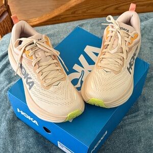 Hoka Women's Beige and Lime Athletic Shoes Bondi 8